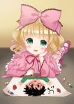  1girl :d bangs blonde_hair blush bow child_drawing crayon doll_joints dress eyebrows_visible_through_hair food frilled_dress frills fruit green_eyes hair_bow hina_ichigo juliet_sleeves long_hair long_sleeves looking_at_viewer lying masuishi_kinoto on_stomach open_mouth pantyhose pink_bow pink_dress pink_legwear puffy_sleeves red_footwear rozen_maiden see-through shoes smile solo strawberry very_long_hair wide_sleeves 