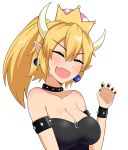  1girl blonde_hair blue_eyes blush bowser bowsette breasts cleavage closed_eyes crown dress earrings fang highres jewelry large_breasts super_mario_bros. nail_polish new_super_mario_bros._u_deluxe nintendo open_mouth pointing pointy_ears ponytail simple_background smile solo spiked strapless strapless_dress super_mario the_only_shoe white_background wide-eyed 