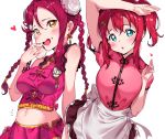  2girls :o alternate_hairstyle apron arm_on_head arm_up baozi blue_eyes blush braid chinese_clothes double_bun earrings eating food food_on_face hair_ornament hairclip heart highres holding holding_food jewelry kurosawa_ruby long_hair looking_at_viewer love_live! love_live!_sunshine!! midriff multiple_girls navel notice_lines pink_shirt pink_skirt redhead sakurauchi_riko shirt sidelocks simple_background skirt tem10 twin_braids two_side_up waist_apron white_background yellow_eyes 