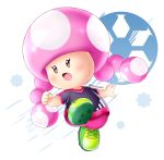  1girl :o alcyone_(cyclone_gx) artist_name ball black_eyes blush cleats clenched_hand full_body green_footwear super_mario_bros. nintendo pink_hair simple_background soccer_ball soccer_uniform solo sportswear super_mario_bros. super_mario_strikers toadette white_background 