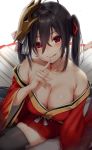  1girl :q ahoge azur_lane bangs bare_shoulders black_hair black_legwear blush breasts choker cleavage collarbone crossed_bangs eyebrows_visible_through_hair finger_to_mouth hair_between_eyes hair_ornament head_tilt highres huge_breasts japanese_clothes large_breasts long_hair looking_at_viewer mask mask_on_head obi off_shoulder open_mouth red_eyes reinama sash shushing sidelocks sitting smile solo taihou_(azur_lane) thigh-highs tongue tongue_out twintails very_long_hair wariza wide_sleeves 