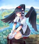  1girl bangs black_hair black_ribbon black_skirt black_wings blue_sky blush breasts closed_mouth clouds collared_shirt commentary_request day eyebrows_visible_through_hair frilled_skirt frills full_body geta gloves hair_between_eyes hat highres lake looking_at_viewer neck_ribbon outdoors pom_pom_(clothes) puffy_short_sleeves puffy_sleeves red_eyes red_footwear red_hat ribbon shameimaru_aya shirt short_hair short_sleeves skirt sky small_breasts socks solo squatting tengu-geta tokin_hat touhou water white_gloves white_legwear white_shirt wings yumibakama_meme 