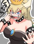  1girl bare_shoulders blonde_hair blue_eyes bowser bowsette bracelet breasts cleavage collar collarbone commentary_request crazy_eyes crown earrings genderswap genderswap_(mtf) grey_background highres horns jewelry large_breasts looking_at_viewer super_mario_bros. new_super_mario_bros._u_deluxe nintendo nuka_cola06 open_mouth ponytail simple_background solo spiked_bracelet spiked_collar spikes teeth thick_eyebrows 