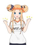  1girl :d abigail_williams_(fate/grand_order) atsumisu bangs black_bow blush bow breasts commentary_request double_bun eyebrows_visible_through_hair fate/grand_order fate_(series) forehead gym_shirt gym_uniform hair_bow hair_ornament hands_up headband highres long_hair multiple_girls name_tag open_mouth orange_bow orange_headband parted_bangs polka_dot polka_dot_bow purple_hair shirt short_hair short_sleeves side_bun sidelocks simple_background small_breasts smile solo violet_eyes white_background white_shirt 