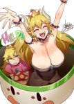  2girls ^_^ ^o^ armpits arms_up blonde_hair blue_eyes bowser bowsette breasts cleavage closed_eyes closed_eyes crown english genderswap genderswap_(mtf) happy super_mario_bros. mizuryuu_kei multiple_girls new_super_mario_bros._u_deluxe nintendo open_mouth ponytail princess princess_peach sharp_teeth smile teeth text_focus 