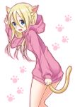  1girl animal_ears arm_up bangs blonde_hair blue_eyes blush cat_day cat_ears cat_girl cat_tail clothes_tug commentary_request drawstring eyebrows_visible_through_hair hair_between_eyes hood hood_down hoodie long_hair long_sleeves masuishi_kinoto open_mouth original pink_hoodie pink_outline sleeves_past_wrists solo tail white_background 