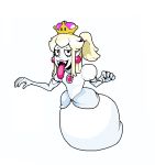  1girl artist_request black_eyes boo crown dress earrings elbow_gloves floating gloves jewelry lipstick looking_at_viewer makeup super_mario_bros. medium_hair new_super_mario_bros._wii nintendo open_mouth ponytail puffy_short_sleeves puffy_sleeves short_sleeves simple_background solo super_crown teeth tongue tongue_out white_background white_dress white_gloves white_skin 