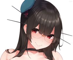  1girl bangs bare_shoulders black_choker black_hair black_neckwear blue_hat blunt_bangs choker choukai_(kantai_collection) closed_mouth collarbone eyebrows_visible_through_hair face glasses hat headgear hime_cut kantai_collection long_hair looking_at_viewer peaked_cap portrait raised_eyebrows red_eyes rimless_eyewear round_eyewear simple_background smile solo straight_hair white_background yukichi_(sukiyaki39) 