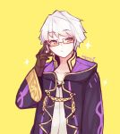  1boy absurdres artist_name brown_eyes brown_gloves fire_emblem fire_emblem:_kakusei fire_emblem_heroes glasses gloves highres hood hood_down lazymimium long_sleeves male_my_unit_(fire_emblem:_kakusei) my_unit_(fire_emblem:_kakusei) nintendo robe short_hair simple_background solo white_hair yellow_background 