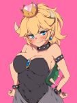  1girl bare_shoulders black_nails blonde_hair blue_eyes blush bowser bowsette bracelet breasts brooch cleavage closed_mouth collar collarbone covered_navel crown dress earrings eyebrows_visible_through_hair fang_out fingernails genderswap genderswap_(mtf) hands_on_hips highres horns jewelry karan long_hair looking_at_viewer super_mario_bros. nail_polish new_super_mario_bros._u_deluxe nintendo pink_background sidelocks simple_background skindentation smile solo spiked_bracelet spiked_collar spikes strapless strapless_dress super_crown super_mario_bros. thick_eyebrows turtle_shell upper_body 