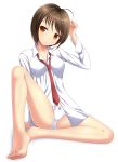  1girl ahoge arm_up bangs bare_legs barefoot bow bow_panties breasts brown_eyes brown_hair collared_shirt commentary_request eyebrows_visible_through_hair full_body head_tilt ki_(kk-sk-ray) long_sleeves medium_breasts necktie no_pants original panties red_neckwear shirt sitting solo underwear white_background white_panties white_shirt 
