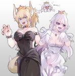  2girls :p black_dress black_sclera blonde_hair blue_eyes blue_tongue bowsette breasts chibi chibi_inset cleavage covered_navel crown dress earrings flying_sweatdrops frilled_collar gloves gradient gradient_background grey_background highres horns jewelry large_breasts lizard_tail long_hair looking_at_viewer luigi&#039;s_mansion super_mario_bros. multiple_girls new_super_mario_bros._u_deluxe nintendo nyuusankin_(9jo_3) pink_eyes pointy_ears ponytail princess_king_boo sharp_teeth smile spiked_armlet spikes super_crown super_mario_bros. tail teeth thick_eyebrows tongue tongue_out white_dress white_gloves white_hair 