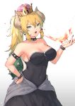  1girl armlet bare_shoulders black_dress black_nails blonde_hair blue_eyes borrowed_design bowser bowsette bracelet breasts breathing_fire cleavage collar collarbone crown dress earrings fangs fire genderswap genderswap_(mtf) hand_on_hip highres horns itohana jewelry large_breasts looking_at_viewer super_mario_bros. nail_polish new_super_mario_bros._u_deluxe nintendo open_mouth ponytail sharp_teeth spiked_bracelet spiked_collar spikes strapless strapless_dress super_crown super_mario_bros. teeth turtle_shell 