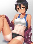  1girl abs arm_support black_hair commentary hand_on_own_knee hashi highres jacket leg_up navel off_shoulder original short_hair simple_background sitting solo tan tank_top tanline tomboy track_jacket yellow_eyes 
