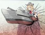  1girl blonde_hair blue_eyes breasts cannon cracked_wall flower headgear highres kabe_ni_hamatte_ugokenai! kantai_collection large_breasts long_hair machinery military military_uniform nelson_(kantai_collection) red_flower red_rose rigging rose solo stuck through_wall tk8d32 turret uniform 