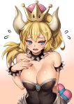  1girl absurdres arm_behind_back bangs bare_shoulders black_dress black_nails blonde_hair blue_eyes bowsette box breasts cleavage collar collarbone crown dress embarrassed eyelashes flying_sweatdrops gift gradient gradient_background hand_on_own_chest heart heart-shaped_box heart-shaped_pupils highres holding horns kaorihero large_breasts long_hair looking_away looking_down nail_polish new_super_mario_bros._u_deluxe open_mouth pink_background ponytail sharp_teeth shiny shiny_skin sidelocks solo spiked_collar spikes strapless strapless_dress super_crown symbol-shaped_pupils teeth 