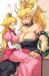  2girls ? bare_shoulders black_dress black_legwear blonde_hair blue_eyes blush bowser bowsette bracelet breasts choker claws cleavage crown dress elbow_gloves fang feeding food gloves highres horns jewelry large_breasts long_hair looking_at_another super_mario_bros. medium_breasts mini_crown multiple_girls new_super_mario_bros._u_deluxe nintendo open_mouth pink_dress plate princess_peach pudding sharp_teeth simple_background sitting sitting_on_lap sitting_on_person smile spiked_armlet spiked_bracelet spiked_choker spikes super_crown super_mario_bros. suurin_(ksyaro) teeth thigh-highs throne white_gloves yuri 