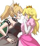 2girls black_nails blonde_hair blue_eyes bowsette bracelet breast_press breasts collar commentary_request crown dress earrings elbow_gloves face-to-face genderswap genderswap_(mtf) gloves grin horns jewelry large_breasts long_hair looking_at_another super_mario_bros. multiple_girls nail_polish new_super_mario_bros._u_deluxe nintendo pink_dress ponytail princess_peach puffy_short_sleeves puffy_sleeves risapaso shell short_sleeves smile spiked_bracelet spiked_collar spikes strapless strapless_dress super_crown super_mario_bros. symmetrical_docking white_background white_gloves yuri 