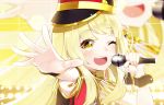  1girl bang_dream! blonde_hair closed_eyes hat hello_happy_world! highres long_hair microphone one_eye_closed open_mouth smile the_cold tsurumaki_kokoro upper_body yellow_eyes 