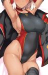 1girl alternate_hairstyle armpits bare_shoulders black_jacket black_legwear black_swimsuit blush breasts choker closed_mouth contrapposto cowboy_shot dakimakura dark_skin elbow_gloves facing_viewer fate/grand_order fate_(series) gloves hands_up harukon_(halcon) head_out_of_frame jacket jacket_removed large_breasts legs_together lying okita_souji_(alter)_(fate) okita_souji_(fate)_(all) one-piece_swimsuit red_choker short_hair sideboob smile solo swimsuit thigh-highs white_hair 