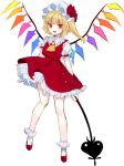  1girl :d ascot bangs bare_legs blonde_hair bobby_socks commentary crystal daimaou_ruaeru eyebrows_visible_through_hair fang flandre_scarlet frilled_shirt_collar frills hat hat_ribbon highres holding laevatein long_hair mob_cap one_side_up open_mouth petticoat puffy_short_sleeves puffy_sleeves red_eyes red_footwear red_ribbon red_skirt red_vest ribbon shirt shoes short_sleeves simple_background skirt skirt_set slit_pupils smile socks solo thighs touhou vest white_background white_hat white_legwear white_shirt wings yellow_neckwear 