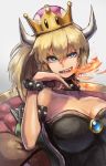  1girl blonde_hair blue_eyes bowsette breathing_fire chair chin_rest crown evil_smile fang fire genderswap genderswap_(mtf) highres horns kuroi_susumu looking_at_viewer super_mario_bros. new_super_mario_bros._u_deluxe nintendo ponytail sitting slit_pupils smile solo super_crown super_mario_bros. 