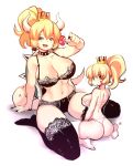  2girls arm_support black_bra black_legwear black_nails black_panties blonde_hair blue_eyes blush borrowed_design bowsette bra breasts choker crown genderswap genderswap_(mtf) horns kenron_toqueen lace lace-trimmed_bra lace-trimmed_panties lace-trimmed_thighhighs large_breasts lingerie looking_at_viewer super_mario_bros. mini_crown multiple_girls mushroom nail_polish navel new_super_mario_bros._u_deluxe nintendo panties princess_peach simple_background sitting size_difference smile spiked_choker spiked_shell spiked_tail spikes stomach super_crown super_mario_bros. tail thigh-highs underwear white_bra white_legwear white_panties 