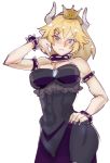  1girl armlet artist_request blonde_hair blue_eyes blush bowsette bracelet breasts cleavage collar crown dress frown genderswap genderswap_(mtf) horns jewelry large_breasts looking_at_viewer super_mario_bros. nintendo simple_background spiked_armlet spiked_bracelet spiked_collar spikes standing super_crown thick_eyebrows white_background 