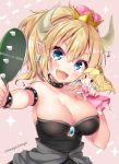  1girl :d bangs black_dress blonde_hair blue_eyes bowsette bracelet breasts brown_background character_doll cleavage collar collarbone commentary_request crown dress earrings eighth_note eyebrows_visible_through_hair fang genderswap genderswap_(mtf) hair_between_eyes hand_mirror head_tilt highres holding holding_mirror horns jewelry komiya_hitoma large_breasts long_hair super_mario_bros. mini_crown mirror musical_note new_super_mario_bros._u_deluxe nintendo open_mouth outstretched_arm pointy_ears princess_peach romaji sharp_teeth smile solo sparkle spiked_bracelet spiked_collar spikes strapless strapless_dress super_crown super_mario_bros. teeth translated twitter_username 