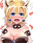  1girl blonde_hair blue_eyes blush bowsette breasts cleavage crying fangs horns large_breasts super_mario_bros. nintendo ponytail tears 