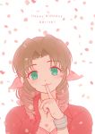 1girl aerith_gainsborough bow braid breasts brown_hair cleavage commentary_request cropped_jacket dress final_fantasy final_fantasy_vii hair_ribbon highres long_hair looking_at_viewer pink_bow pink_dress ribbon smile solo 