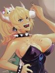 1girl :d bare_shoulders black_dress black_nails blonde_hair blue_eyes blush bowsette bracelet breasts cleavage coffee collar covered_nipples crown dress earrings fingernails hand_on_hip hand_up holding horns jewelry large_breasts super_mario_bros. nail_polish nintendo open_mouth pinky_out ponytail sharp_teeth smile solo spiked_bracelet spikes super_crown super_mario_bros. tea teeth tongue tongue_out trembling uenoryoma upper_body 