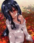  1girl autumn_leaves azumawari_(azumofu) bangs black_hair blush breasts collarbone commentary_request day dress eyebrows_visible_through_hair eyes_visible_through_hair hat_over_one_eye long_hair long_sleeves looking_at_viewer medium_breasts off_shoulder outdoors parted_lips sitting sleeves_past_fingers sleeves_past_wrists solo the_ring very_long_hair white_dress yamamura_sadako 