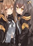  2girls absurdres bangs black_bow black_gloves black_jacket black_ribbon black_skirt blush bow brown_eyes brown_hair commentary_request eyebrows_visible_through_hair fingerless_gloves girls_frontline gloves hair_between_eyes hair_bow hair_ornament hairclip highres jacket light_brown_hair long_hair multiple_girls natsu_(sinker8c) neck_ribbon one_side_up open_clothes open_jacket parted_lips revision ribbon scar scar_across_eye shirt skirt twintails ump45_(girls_frontline) ump9_(girls_frontline) very_long_hair white_shirt 