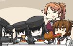  6+girls akitsu_maru_(kantai_collection) apron aquila_(kantai_collection) black_eyes black_hair black_hat brown_eyes brown_hair closed_eyes commentary eating flying_sweatdrops folded_ponytail food fork gloves hair_ornament hairclip ham hamu_koutarou hat highres inazuma_(kantai_collection) jitome kantai_collection knife long_hair multiple_girls neckerchief orange_hair pale_skin pasta peaked_cap ponytail sailor_collar school_uniform serafuku short_hair spaghetti sweat table 