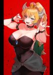 1girl absurdres armlet bare_shoulders black_dress blonde_hair blue_eyes blush borrowed_design bowser bowsette bracelet breasts cleavage collar collarbone commentary_request crown dress genderswap genderswap_(mtf) hands_up highres horns jewelry kate_iwana large_breasts looking_at_viewer super_mario_bros. nail_polish new_super_mario_bros._u_deluxe nintendo open_mouth ponytail red_background red_nails sharp_nails sharp_teeth spiked_bracelet spiked_collar spikes strapless strapless_dress super_crown super_mario_bros. teeth turtle_shell 