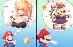  1boy 1girl armlet bare_shoulders blonde_hair blue_eyes bowser bowsette breasts chinese_commentary cleavage collar comic commentary_request crown facial_hair genderswap genderswap_(mtf) heart heart_eyes highres horns imagining lipstick makeup mario super_mario_bros. mustache new_super_mario_bros._u_deluxe nintendo o_o redhead spiked_collar spikes spit_take spitting super_crown translated w2398510474 