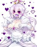  1girl 2018 :d ahoge breasts brooch crown dated dress earrings gloves heart highres jewelry kashiwagi_minato large_breasts luigi&#039;s_mansion super_mario_bros. new_super_mario_bros._u_deluxe nintendo open_mouth princess_king_boo puffy_short_sleeves puffy_sleeves purple_tongue sharp_teeth short_sleeves smile solo super_mario_bros. teeth tongue tongue_out violet_eyes white_dress white_gloves white_hair 