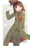  1girl :d bob_cut brown_eyes brown_hair commentary eyebrows_visible_through_hair eyes_visible_through_hair gloves hand_in_pocket hat hat_removed headwear_removed highres imperial_japanese_army military military_hat military_uniform open_mouth original ponkan_(ma_hassaku) short_hair smile solo trench_coat uniform white_gloves 
