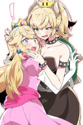  1girl 2girls armlet bare_shoulders black_dress blonde_hair blue_eyes bowser bowsette bracelet breasts collar crown dress genderswap genderswap_(mtf) highres horns hug jewelry large_breasts long_hair super_mario_bros. multiple_girls new_super_mario_bros._u_deluxe nintendo ponytail princess_peach sharp_teeth spiked_bracelet spiked_collar spikes strapless strapless_dress super_crown super_mario_bros. tail takeshima_(nia) teeth turtle_shell 