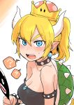 1girl ? absurdres black_dress blonde_hair blue_eyes blush bowsette bracelet breasts cleavage collar crown dress earrings embarrassed eyebrows_visible_through_hair fan hair_between_eyes highres holding horns jewelry large_breasts looking_at_viewer super_mario_bros. mirror nintendo open_mouth pointy_ears ponytail sharp_teeth shiromanta solo spiked_bracelet spikes spoken_question_mark super_crown super_mario_bros. sweatdrop teeth thick_eyebrows upper_body 