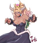  1girl abs ahoge armlet armpits bare_shoulders black_dress black_nails blonde_hair blush borrowed_design bowsette bracelet breasts brooch cleavage closed_mouth collar collarbone commentary_request crown dark_skin dress earrings eyebrows_visible_through_hair fangs fangs_out fingernails genderswap genderswap_(mtf) green_eyes hands_up high_ponytail hori_shin horns jewelry long_hair looking_at_viewer super_mario_bros. muscle muscular_female nail_polish new_super_mario_bros._u_deluxe nintendo pointy_ears ponytail sharp_fingernails simple_background smile solo spiked_armlet spiked_bracelet spiked_collar spikes standing strapless strapless_dress super_crown super_mario_bros. thick_eyebrows turtle_shell upper_body white_background 