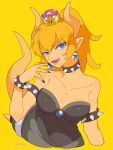  1girl bare_shoulders blonde_hair blue_eyes bowser bowsette bracelet breasts collar crown dress genderswap genderswap_(mtf) highres horns jewelry large_breasts long_hair looking_at_viewer new_super_mario_bros._u_deluxe nintendo ponytail simple_background smile solo spiked_bracelet spiked_collar spikes super_crown super_mario_bros. tail thick_eyebrows yasaikakiage 