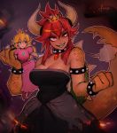  2girls =3 artist_name bare_shoulders black_dress black_nails blonde_hair blue_eyes bowsette bracelet breasts brooch carrying claws cleavage clenched_hand collar commentary crown dark_skin dress earrings embers english_commentary evil_smile eyebrows_visible_through_hair eyelashes fangs fewer_digits fire genderswap genderswap_(mtf) giantess gloves grin hair_between_eyes hand_on_another&#039;s_shoulder heart highres horns jewelry large_breasts long_hair looking_at_viewer super_mario_bros. matilda_vin mini_crown monster_girl multiple_girls nail_polish new_super_mario_bros._u_deluxe nintendo pink_dress pink_outline ponytail princess_peach puffy_short_sleeves puffy_sleeves red_eyes redhead scales sharp_teeth short_sleeves simple_background sitting sitting_on_arm smile spiked_armlet spiked_bracelet spiked_collar spiked_shell spiked_tail spikes strapless strapless_dress super_crown super_mario_bros. sweat tail teeth thick_eyebrows turtle_shell uneven_eyes upper_body v-shaped_eyebrows white_gloves yuri 