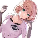  1girl bangs blonde_hair blunt_bangs blush bob_cut collarbone emblem face gloves green_eyes grey_gloves hand_on_own_cheek huyumitsu lips looking_at_viewer nasu_rei no_pupils parted_lips short_hair simple_background solo upper_body white_background world_trigger 