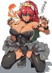  1girl bare_shoulders black_dress black_legwear blue_eyes bowser bowsette breasts brll cleavage commentary_request dark_skin dress earrings fire flame frills genderswap genderswap_(mtf) highres jewelry large_breasts long_hair looking_at_viewer super_mario_bros. nintendo open_mouth pointy_ears redhead sharp_teeth simple_background smile solo spiked_shell super_crown super_mario_bros. teeth thigh-highs translated white_background 
