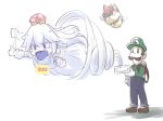  1girl 2boys afterimage bangs blush bowser brown_footwear brown_hair commentary_request crown dress eyebrows_visible_through_hair facial_hair fangs flailing flat_cap gameplay_mechanics gloves green_hat green_shirt hair_between_eyes hat holding horns long_hair long_sleeves luigi luigi&#039;s_mansion super_mario_bros. mini_crown multiple_boys mustache natsuki_teru new_super_mario_bros._u_deluxe nintendo nose_blush open_mouth overalls princess_king_boo purple_tongue red_eyes shirt shoes skirt standing super_crown super_mario_bros. tears tongue tongue_out vacuum_cleaner very_long_hair white_background white_dress white_gloves white_hair white_skirt |_| 