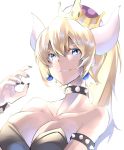  1girl absurdres armlet bare_shoulders black_dress black_nails blonde_hair blue_eyes borrowed_design bowser bowsette bracelet breasts cleavage collar crown dorashieru dress earrings eyebrows_visible_through_hair genderswap genderswap_(mtf) grin hair_between_eyes highres horns jewelry large_breasts super_mario_bros. nail_polish new_super_mario_bros._u_deluxe nintendo parted_lips ponytail sharp_teeth smile spiked_bracelet spiked_collar spikes strapless strapless_dress super_crown super_mario_bros. teeth 