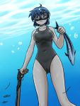  1girl air_bubble black_hair blue_hair bubble diving_mask fish freediving highres looking_at_viewer ocean one-piece_swimsuit original saver_(artbysaver) short_hair spear_gun swimsuit underwater 