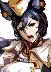  1girl animal_ears black_hair breasts brown_eyes commentary_request erune granblue_fantasy hair_between_eyes hat highres ilsa large_breasts looking_at_viewer open_mouth shimashima_(simasima_23) short_hair simple_background solo upper_body v-shaped_eyebrows white_background 